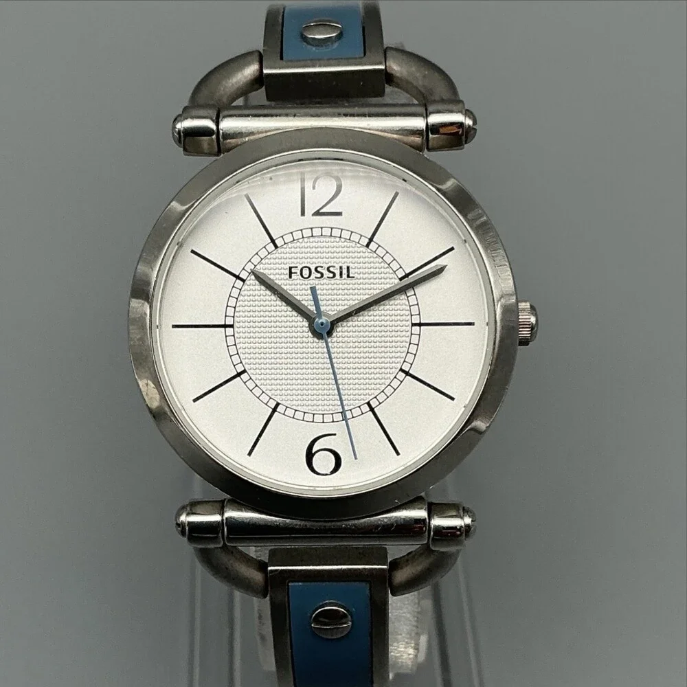 Fossil ES-2471 Womens Watch 30mm Silver Tone Blue Inlay Bangle New Battery 6.5